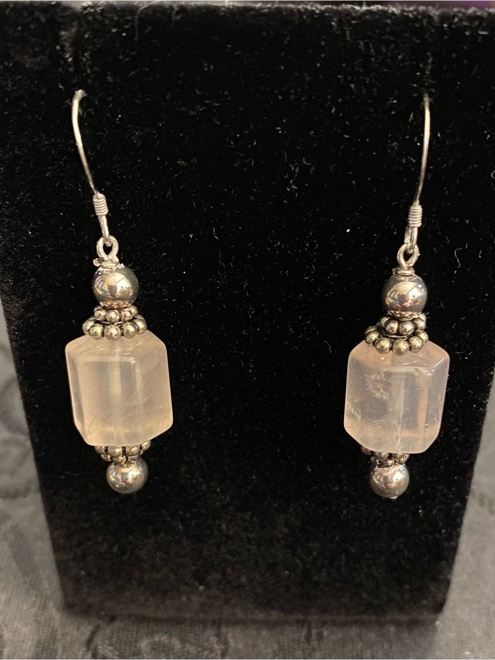 Rose Quartz Cube Drop Earrings with Sterling Silver Accents - Soft Pink